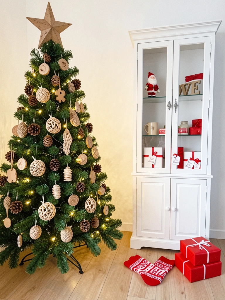 Árvore de Natal decorada com enfeites de madeira, fibras naturais e pinhas, iluminada por luzes amareladas.