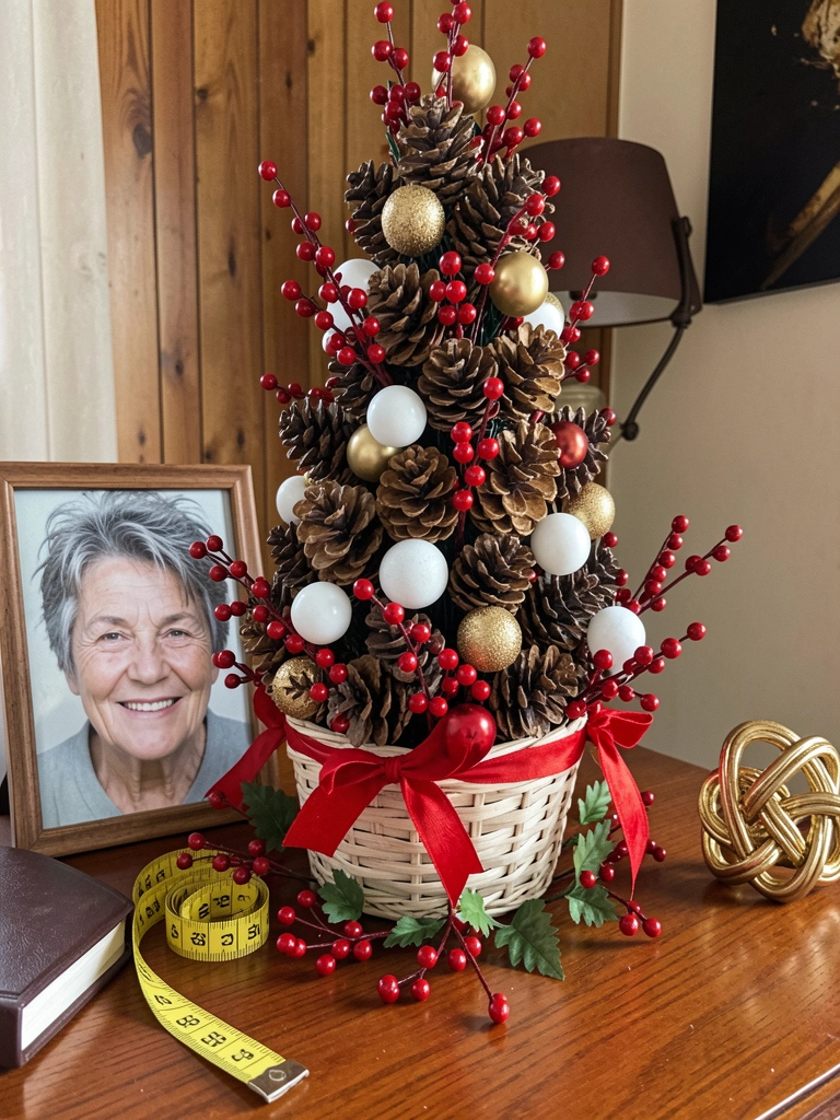 Sala de estar com árvore de Natal posicionada no canto, fita métrica indicando altura e largura do espaço.
