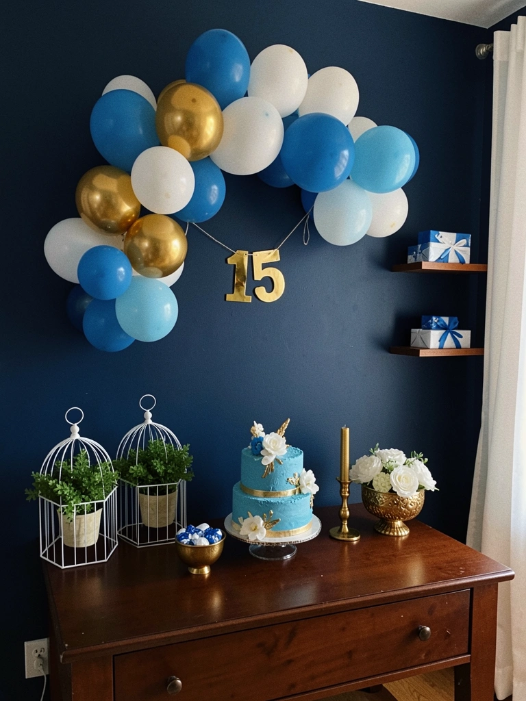 Sala de estar com parede azul marinho, sofá bege e objetos decorativos dourados sobre mesa de centro.