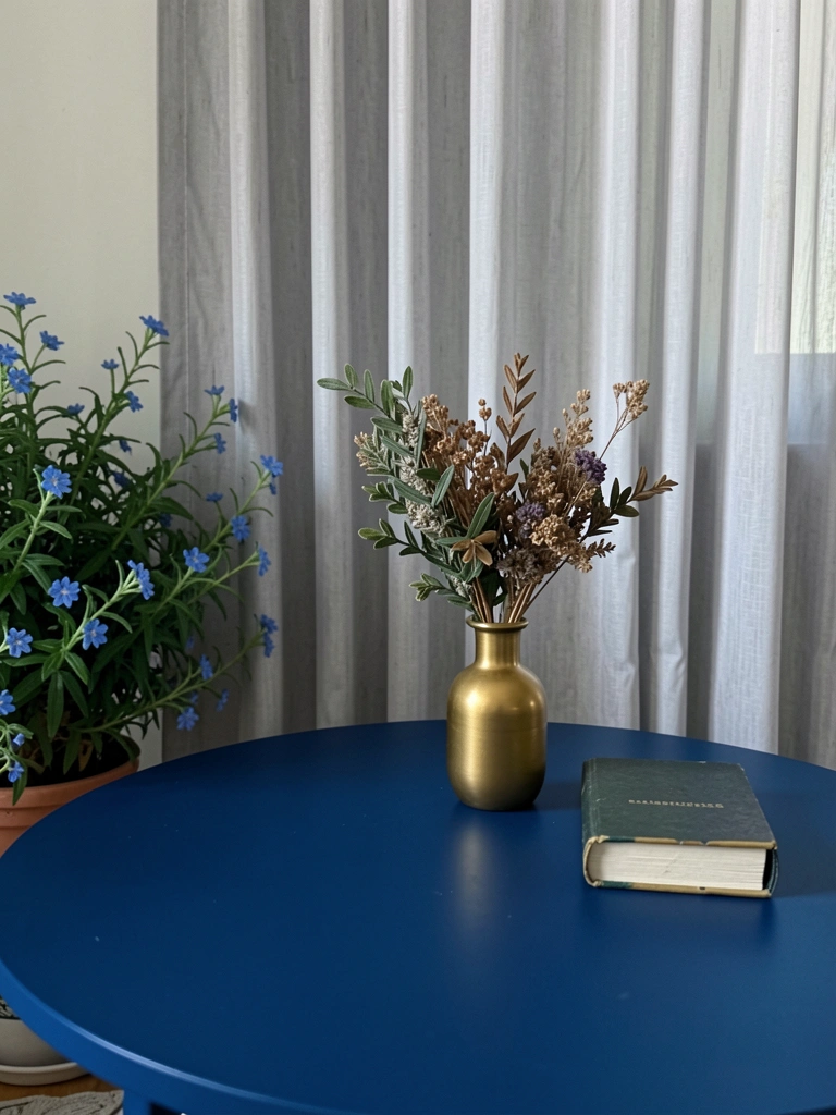 Mesa de centro azul com vaso dourado pequeno e livro aberto.