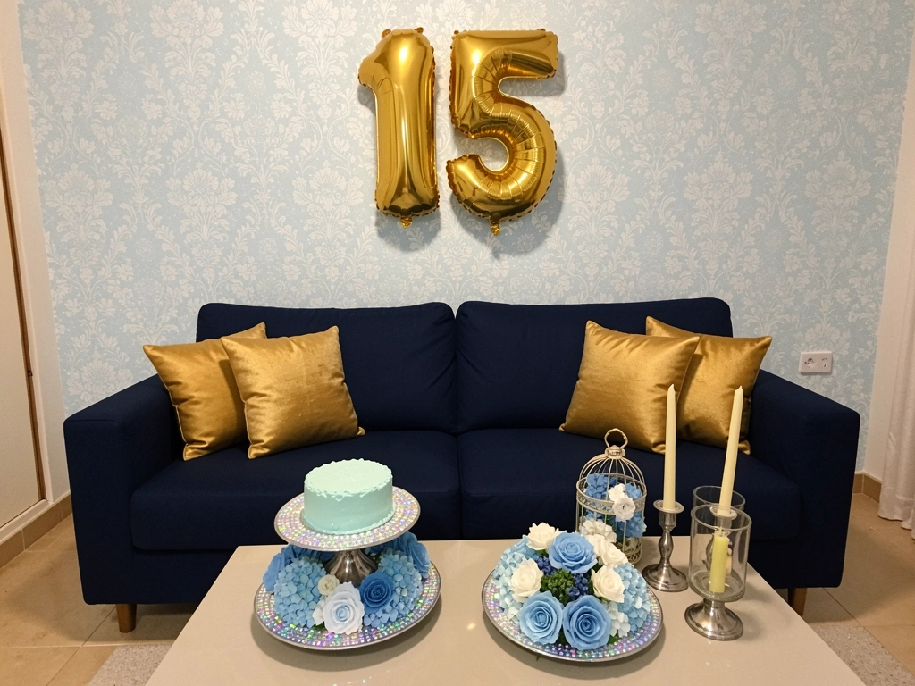 Sala com sofá azul marinho, almofadas douradas e mesa de centro de vidro sobre tapete neutro.