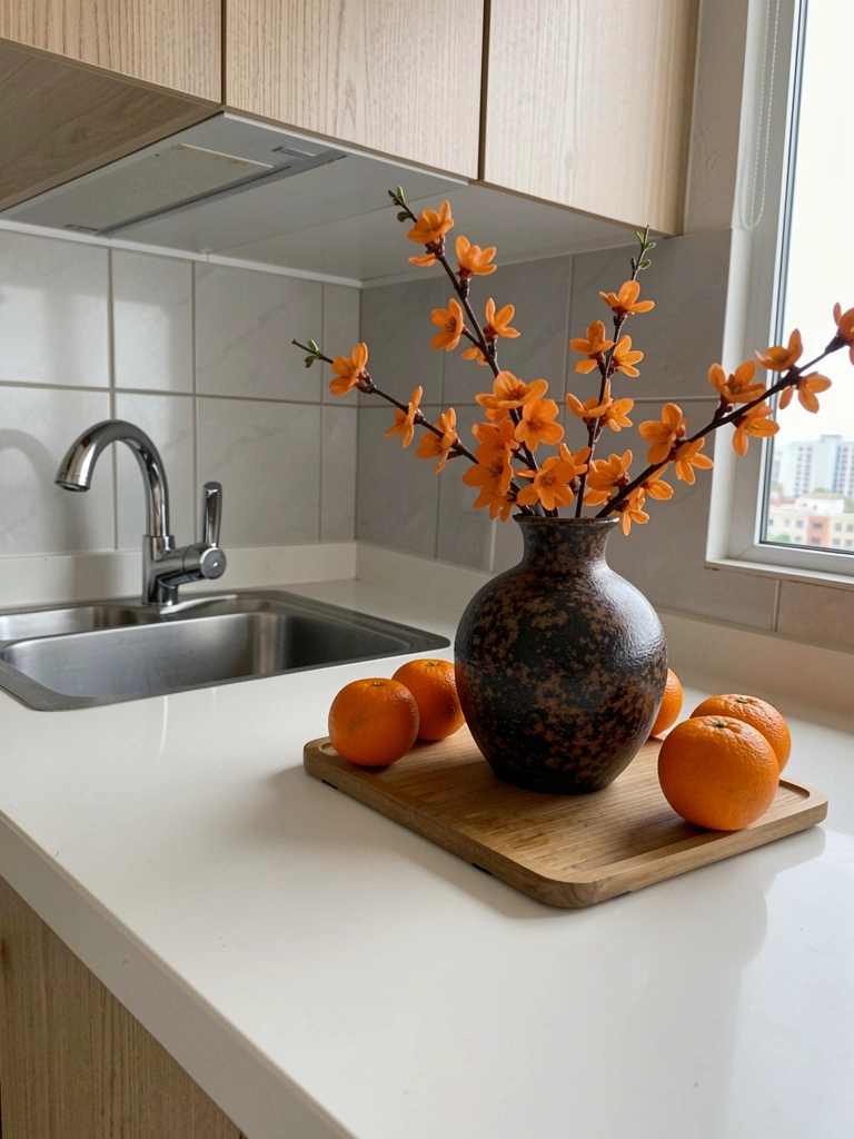 Utensílios de cozinha organizados sobre balcão compacto com bancada clara.