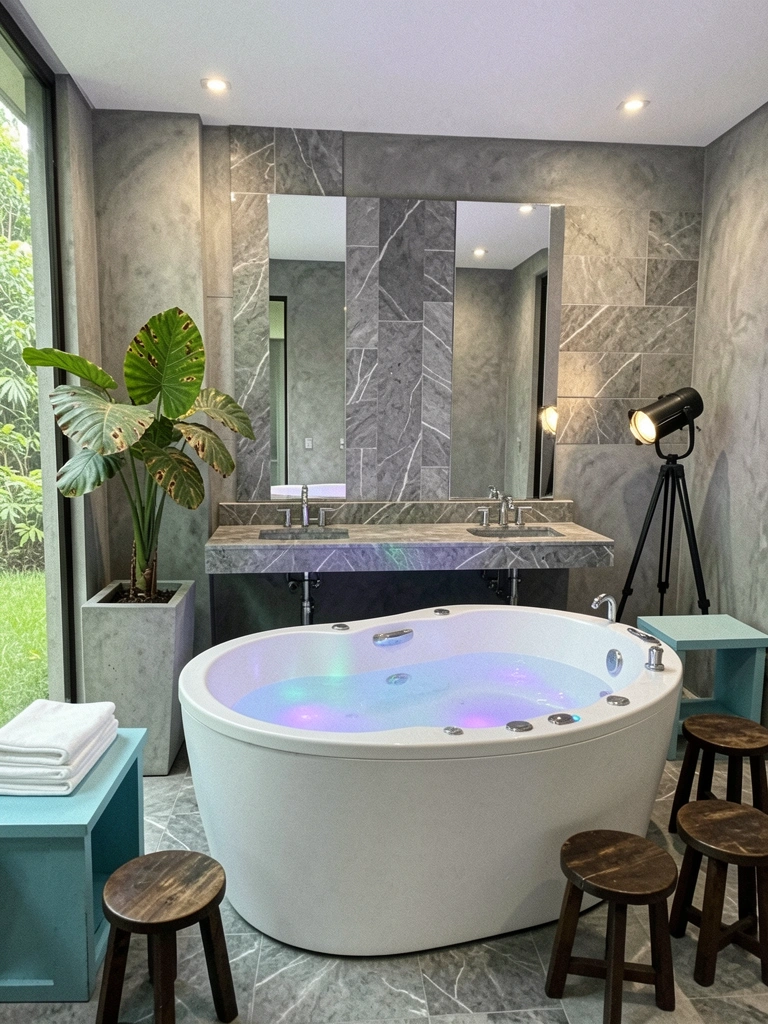 Banheira com luzes subaquáticas coloridas em tons de azul e rosa, água iluminada.