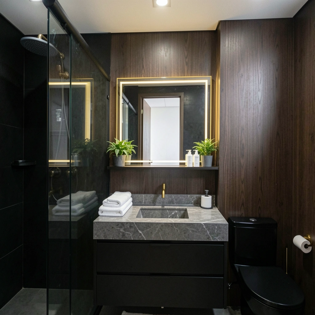 Linha do tempo com banheiros pretos de diferentes décadas, mostrando mudanças em azulejos, metais e iluminação.