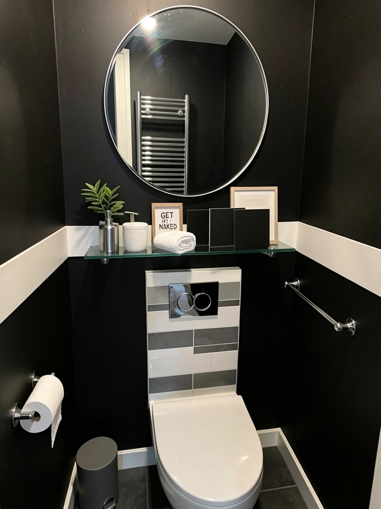 Amostras de revestimentos pretos: porcelanato, PVC 3D e hidráulico sobre superfície clara.