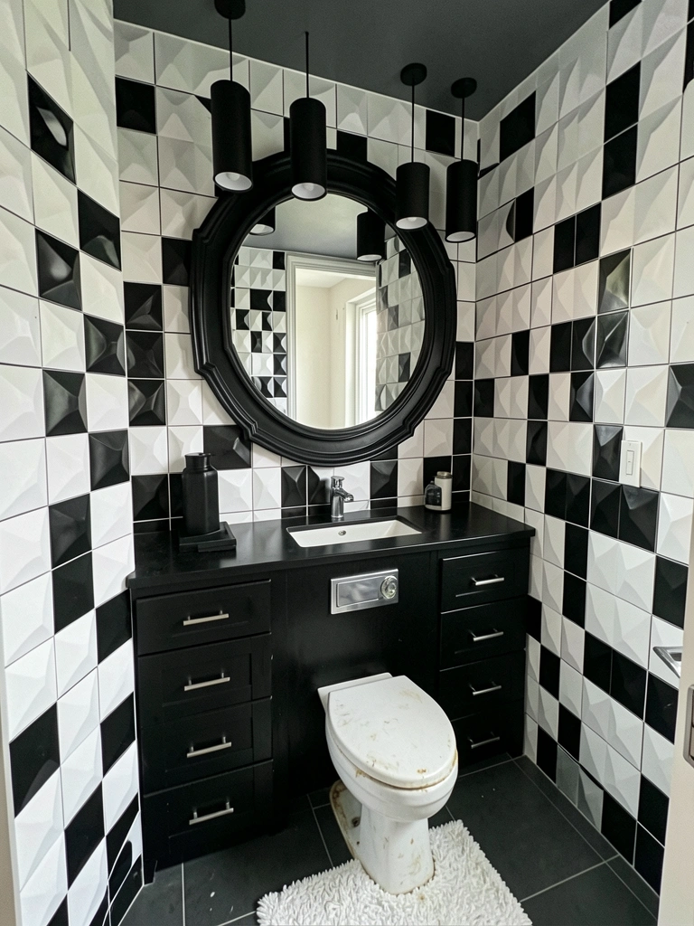 Parede com revestimento 3D em PVC, padrão geométrico preto e branco.
