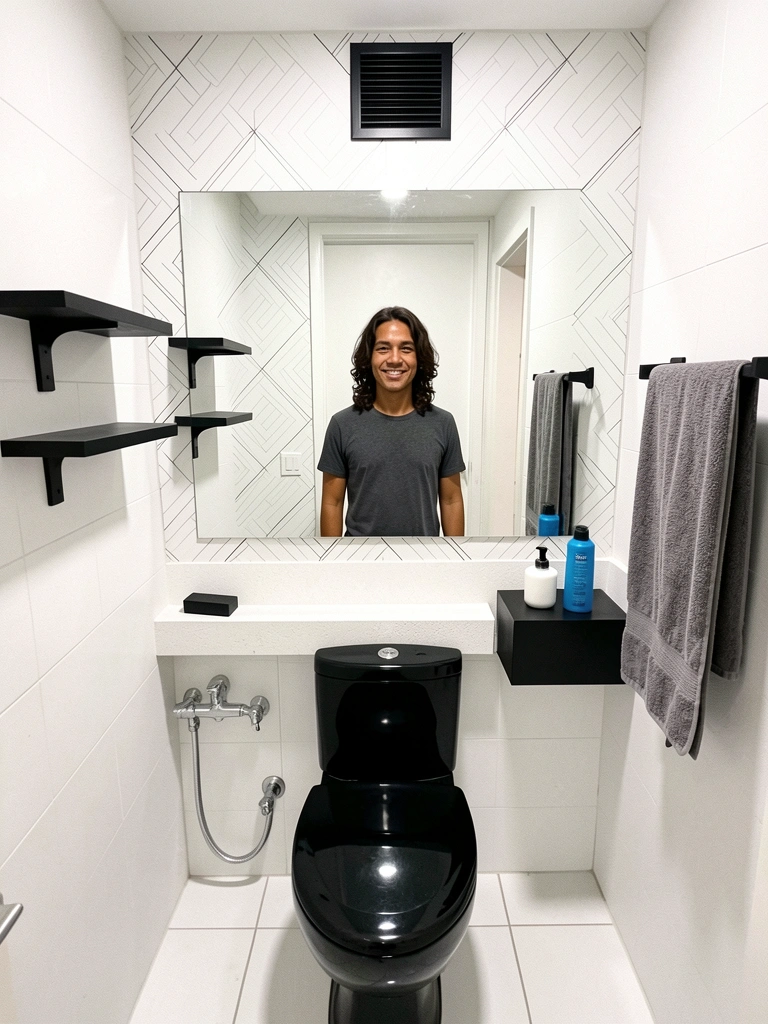 Banheiro pequeno com piso claro, metais pretos e parede branca.