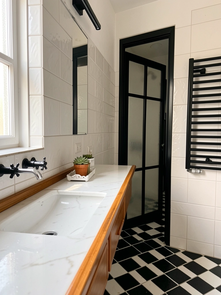 Piso xadrez preto e branco em banheiro com azulejos brancos e metais prateados.