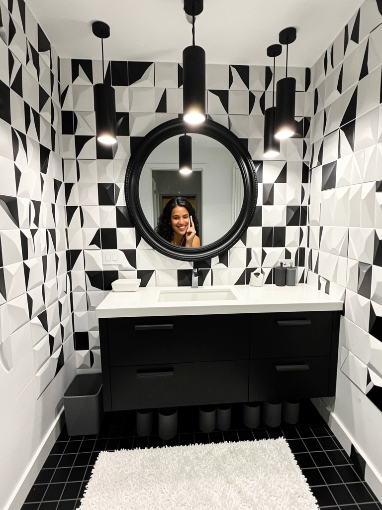 Parede com revestimento 3D em PVC, blocos geométricos pretos e brancos, iluminação indireta.
