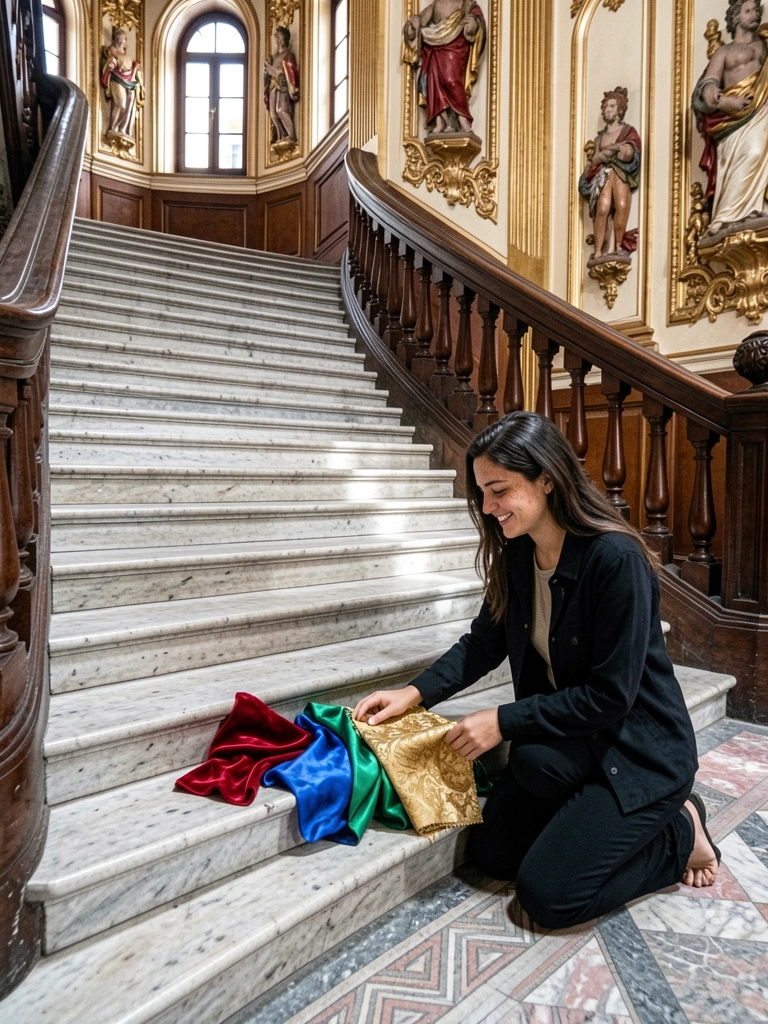 Amostras de tecidos nas cores vermelho, azul royal, verde esmeralda e dourado dispostas lado a lado.