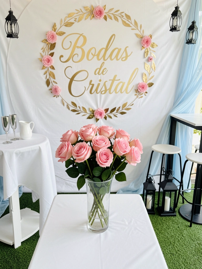 Rosas cor-de-rosa em vaso de vidro sobre superfície clara.
