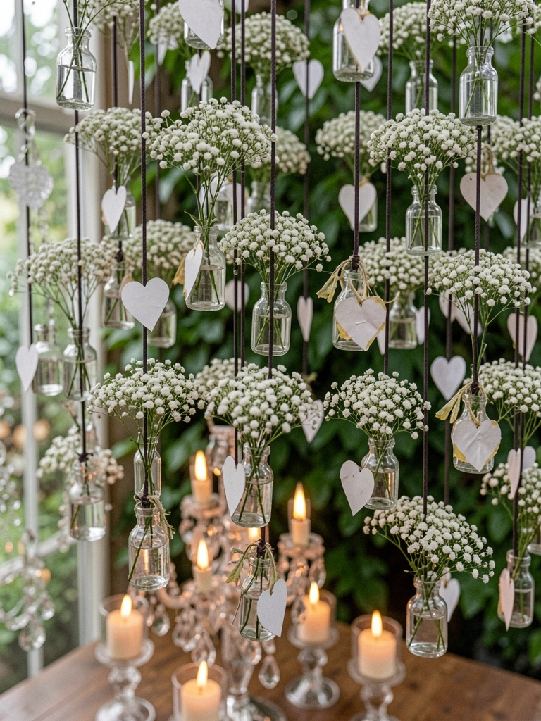 Lustre de cristal com pingentes prateados sobre mesa com centro de velas acesas em castiçais baixos.