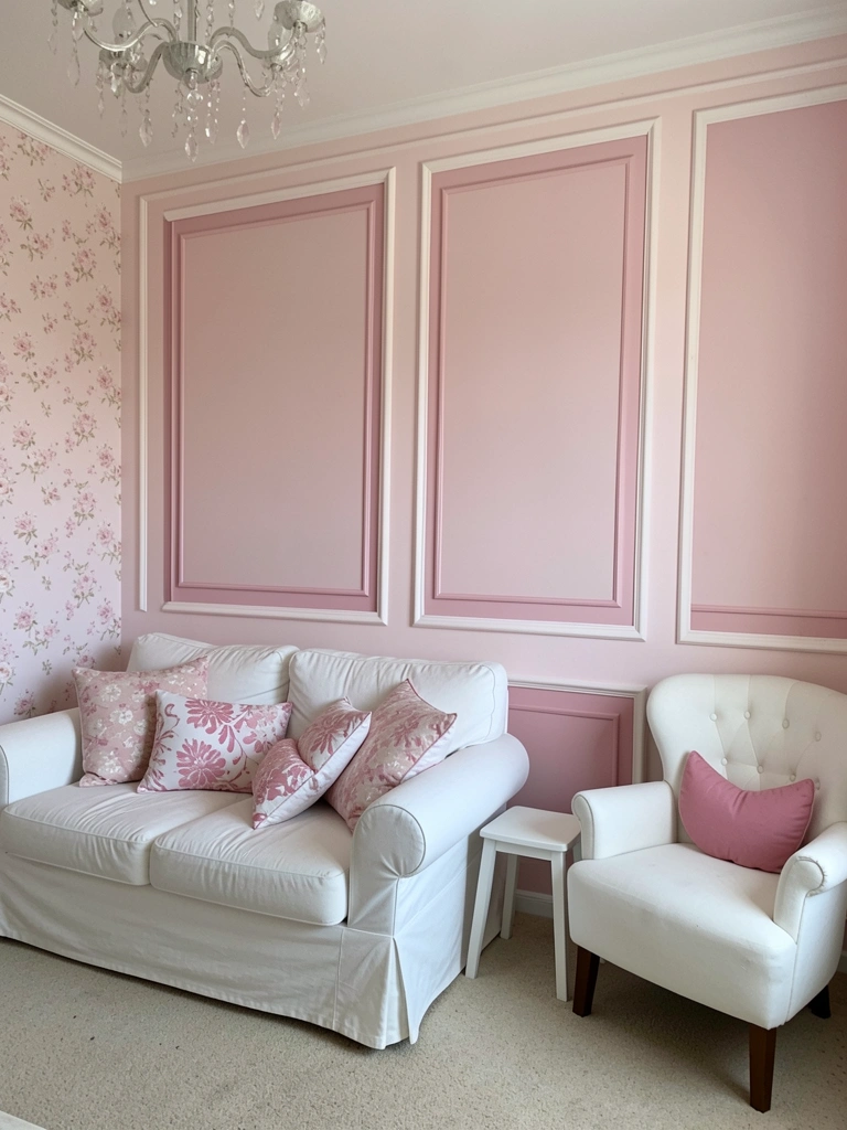 Parede com molduras de boiserie em sala de estar, pintada em tom claro, com sofá e mesa lateral.