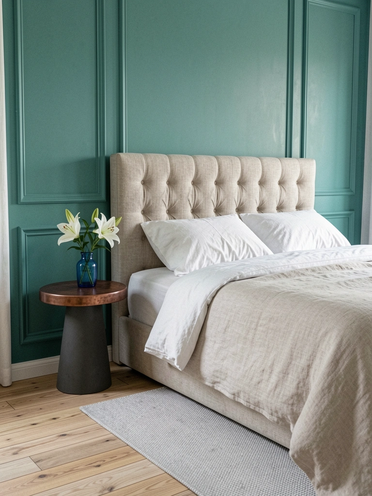 Quarto com cabeceira de boiserie em MDF, parede clara e cama com roupa de cama neutra.