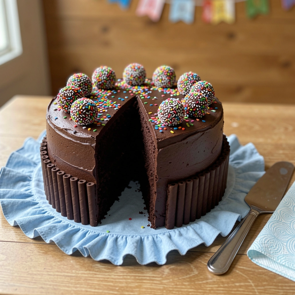 Bolo com cobertura de brigadeiro e confeitos coloridos sobre mesa de festa.