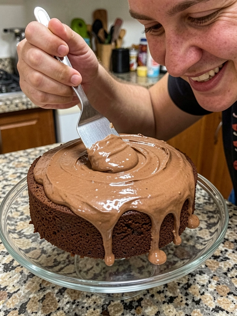 Close de brigadeiro cremoso sendo espalhado em bolo com espátula.