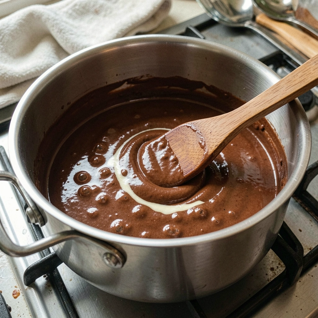 Colher de pau misturando brigadeiro com creme de leite em panela de aço inox.