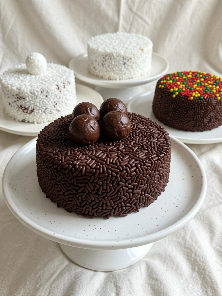 Bandeja com bolos decorados com brigadeiro, alguns com granulado e outros com confeitos coloridos.