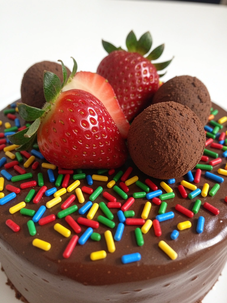 Bolo com cobertura lisa de brigadeiro coberto de granulado colorido.