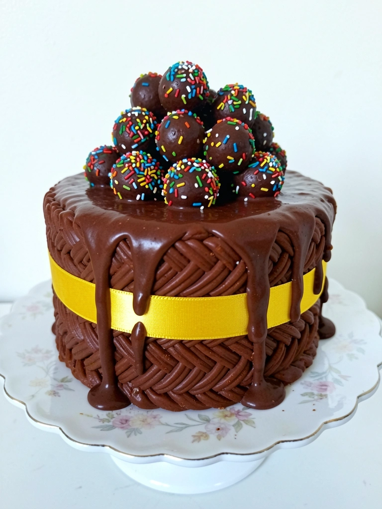 Bolo com calda de brigadeiro escorrendo pelas laterais sobre prato branco.