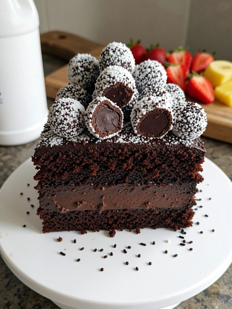 Fatia de naked cake com camadas de bolo e brigadeiro, sobre prato branco.