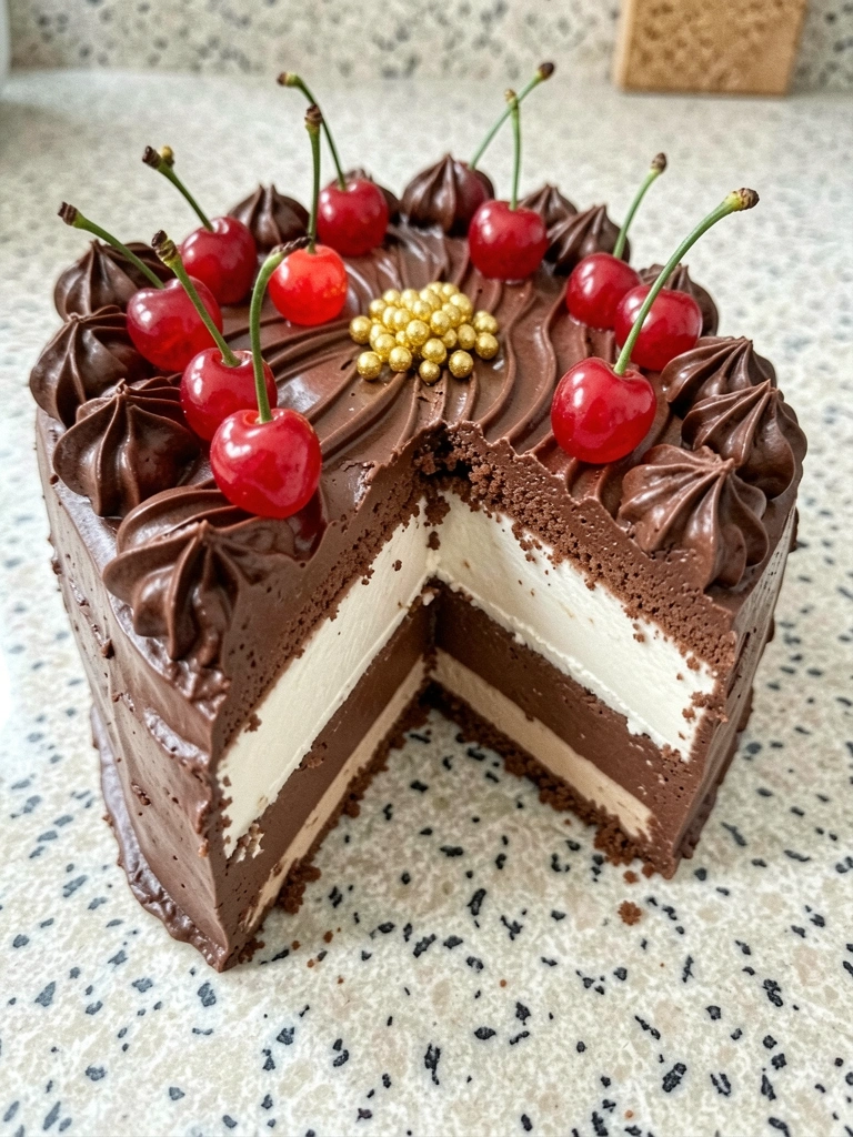 Bolo com três camadas de recheio de brigadeiro nas cores branca, marrom e amarelo claro.