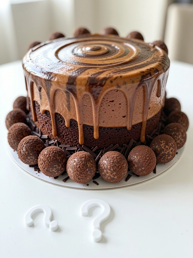 Ícone de ponto de interrogação sobreposto a um bolo de brigadeiro com granulado.