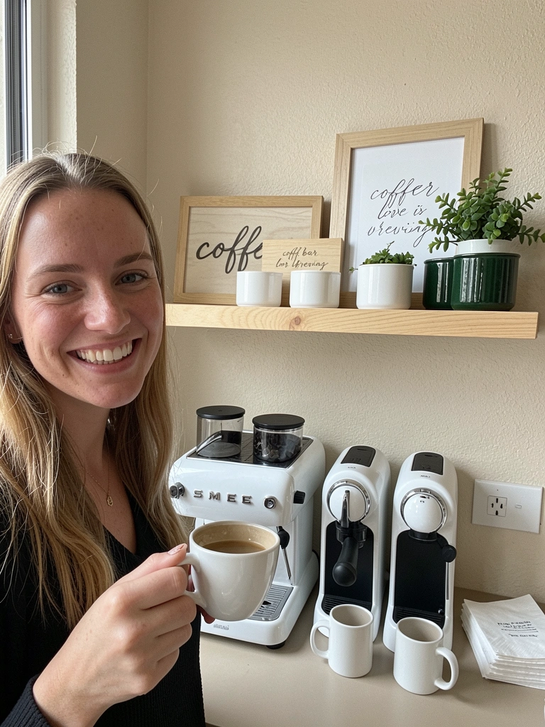 Pessoa sorrindo segurando xícara de café sobre bancada com plantas e utensílios.