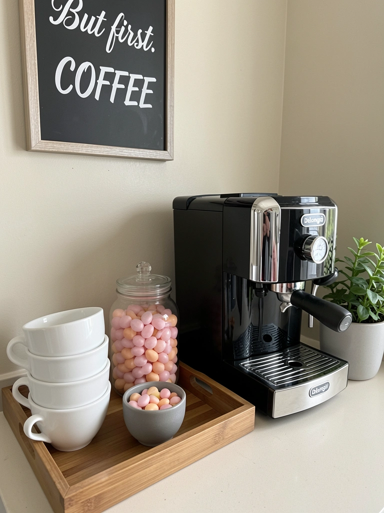 Prateleira de madeira com cafeteira, xícaras e pote de vidro em cozinha iluminada