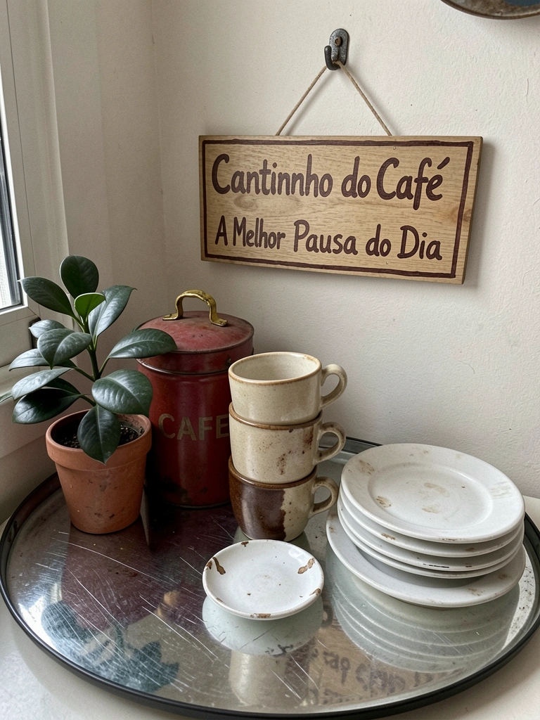 Cantinho do café com bancada de pallets, xícara de cerâmica artesanal e pote de vidro reaproveitado sobre aparador de madeira.
