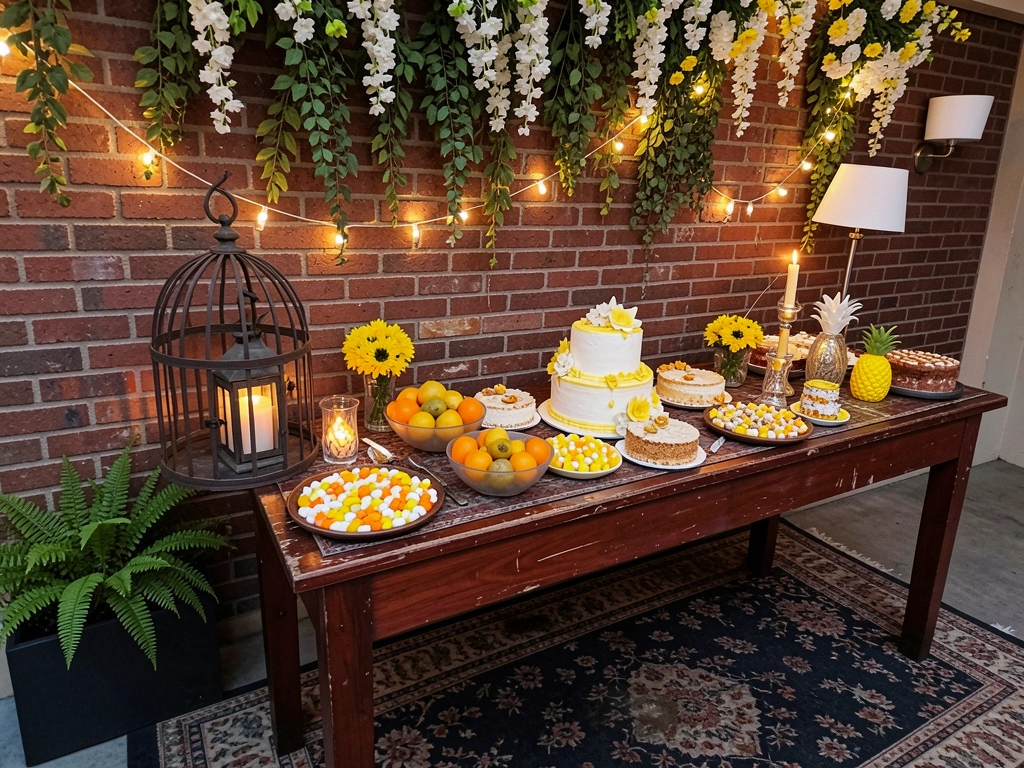Mesa de casamento ao ar livre decorada com velas, lanternas e luzes de fadas pendentes, ao entardecer.