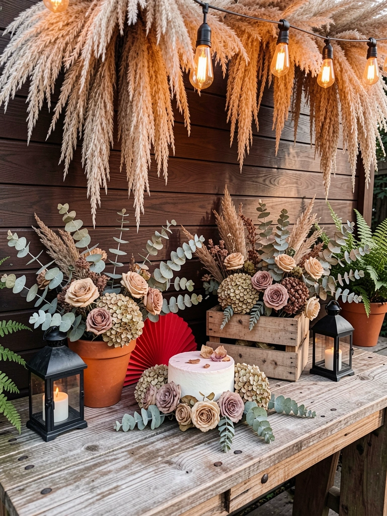 Arranjo de capim dos pampas, eucalipto e flores secas em vaso de cerâmica sobre mesa de madeira.
