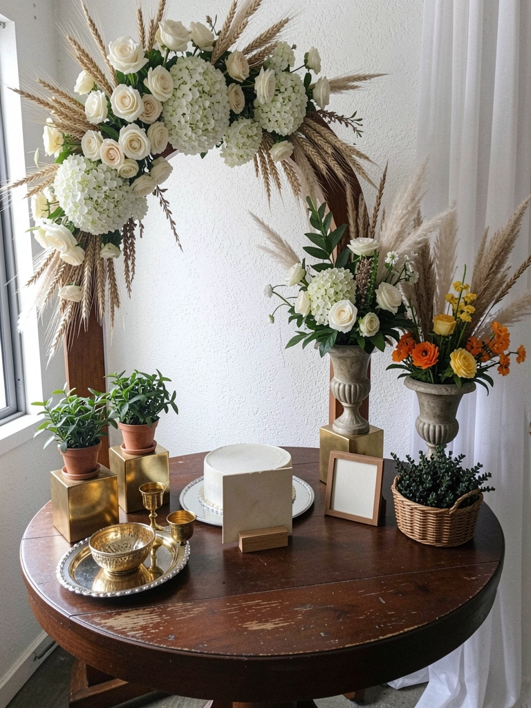 Altar redondo com arco de madeira e capim dos pampas em ambiente ao ar livre.
