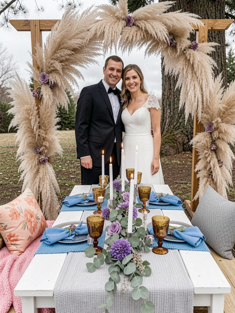 Noivos sob arco de madeira decorado com capim dos pampas, ao ar livre.
