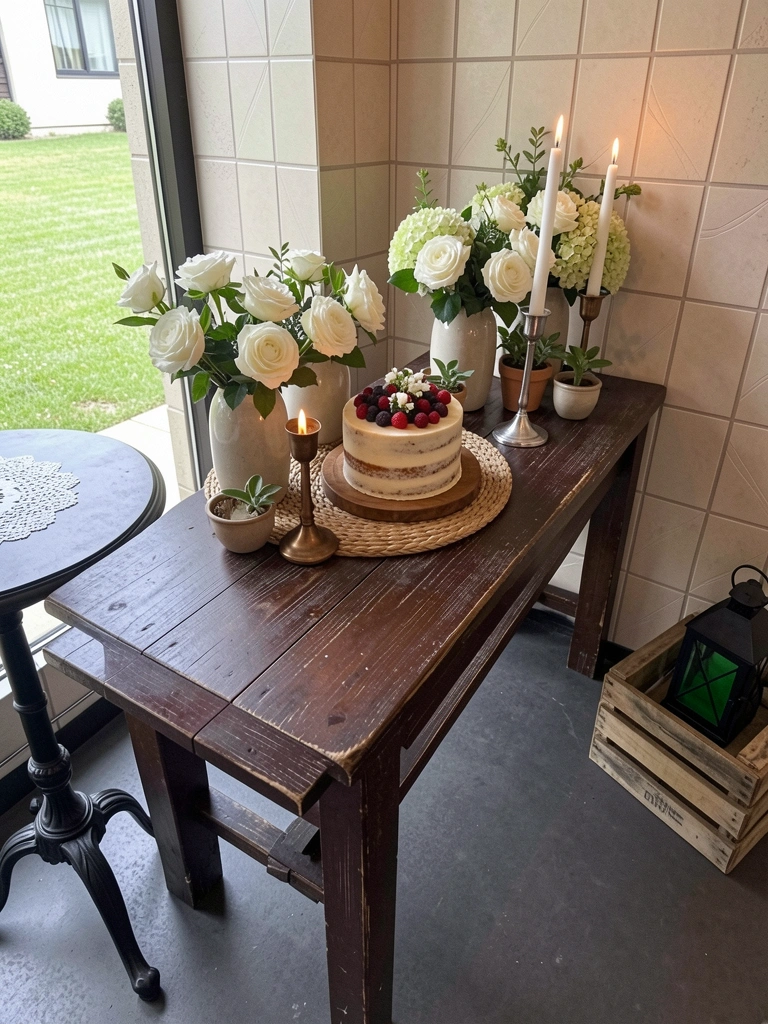 Mesa de doces com bolo naked de três camadas, vasos de cerâmica artesanal e arranjos de flores secas sobre toalha de linho.