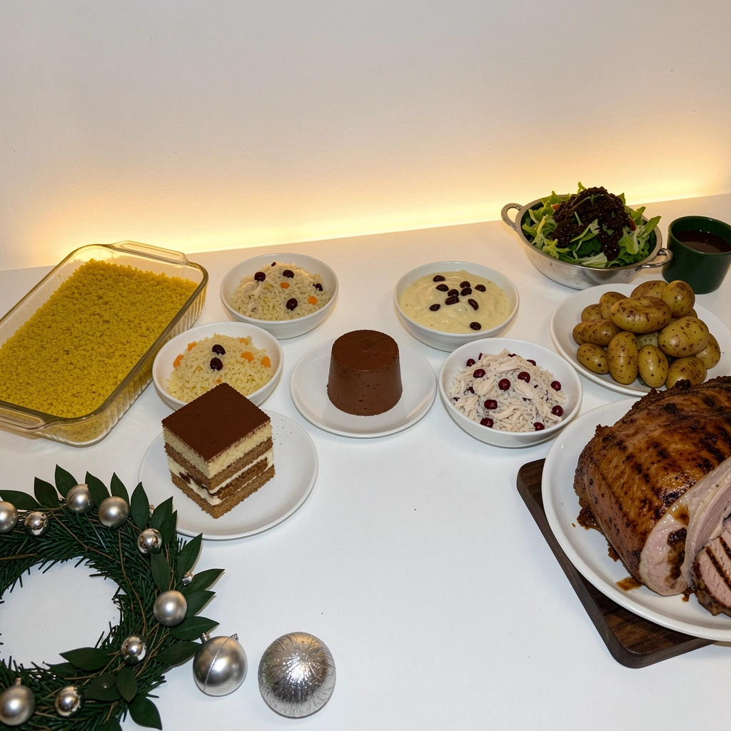 Mesa de Natal com pratos brancos, talheres e copos, iluminada por fita de LED de luz quente, em ambiente acolhedor.