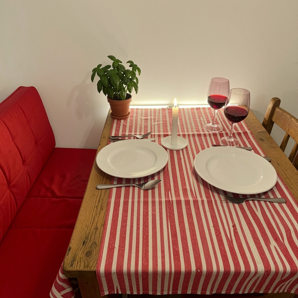 Fita de LED acesa sob a mesa, iluminando o centro de madeira