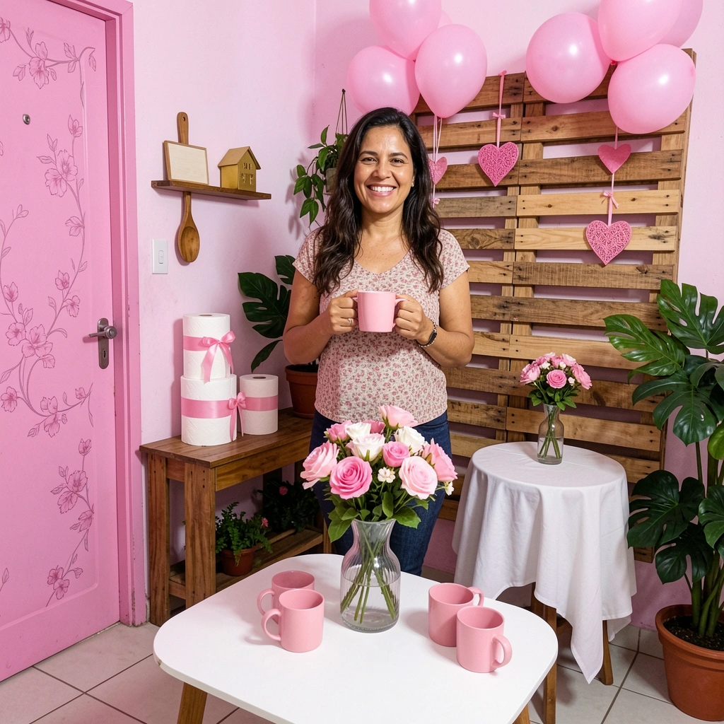 Mulher sentada no sofá, cercada por plantas e objetos decorativos em casa