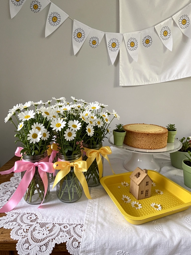 Potes de vidro decorados com flores e fitas de cetim sobre uma mesa