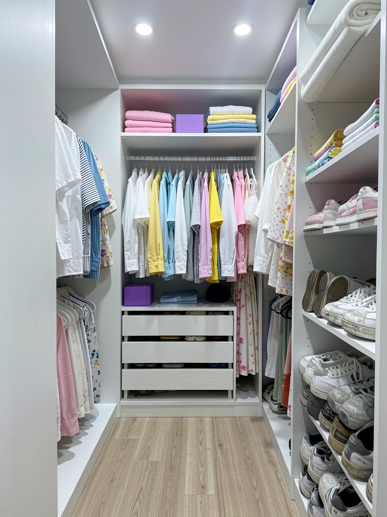 Closet compacto com prateleiras organizadas e iluminação suave