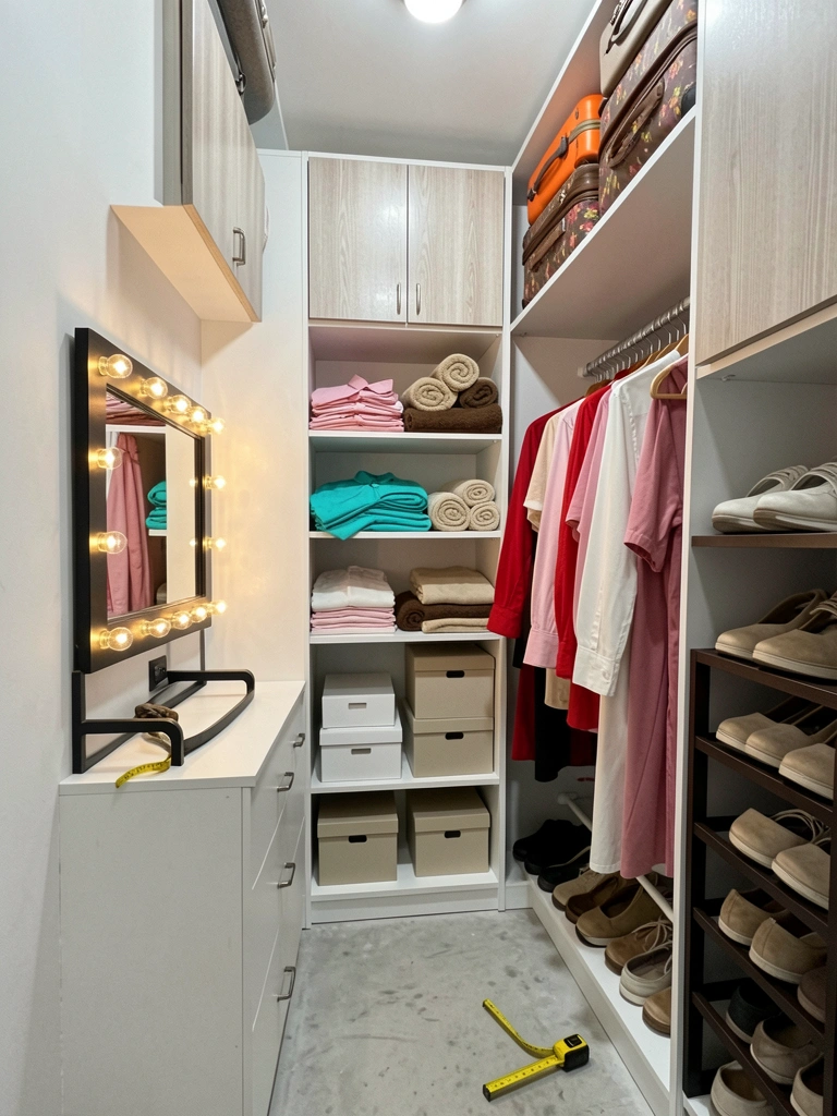Fita métrica amarela sobre prateleira de madeira em closet estreito com roupas penduradas ao fundo
