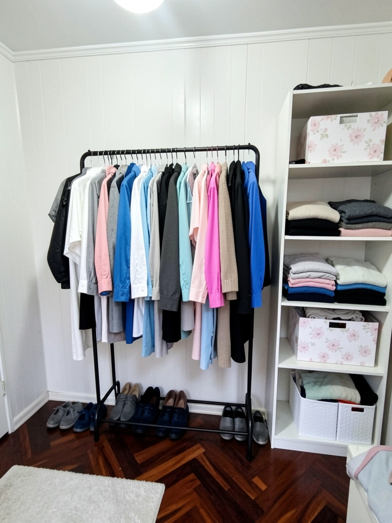 Arara de ferro com roupas coloridas em quarto compacto