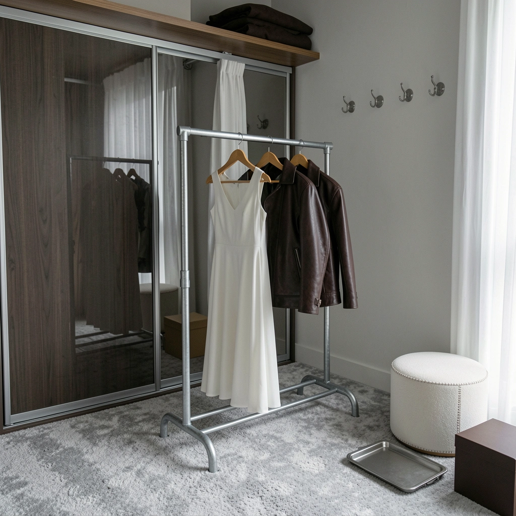 Arara de ferro galvanizado com cabides e roupas penduradas em um closet pequeno