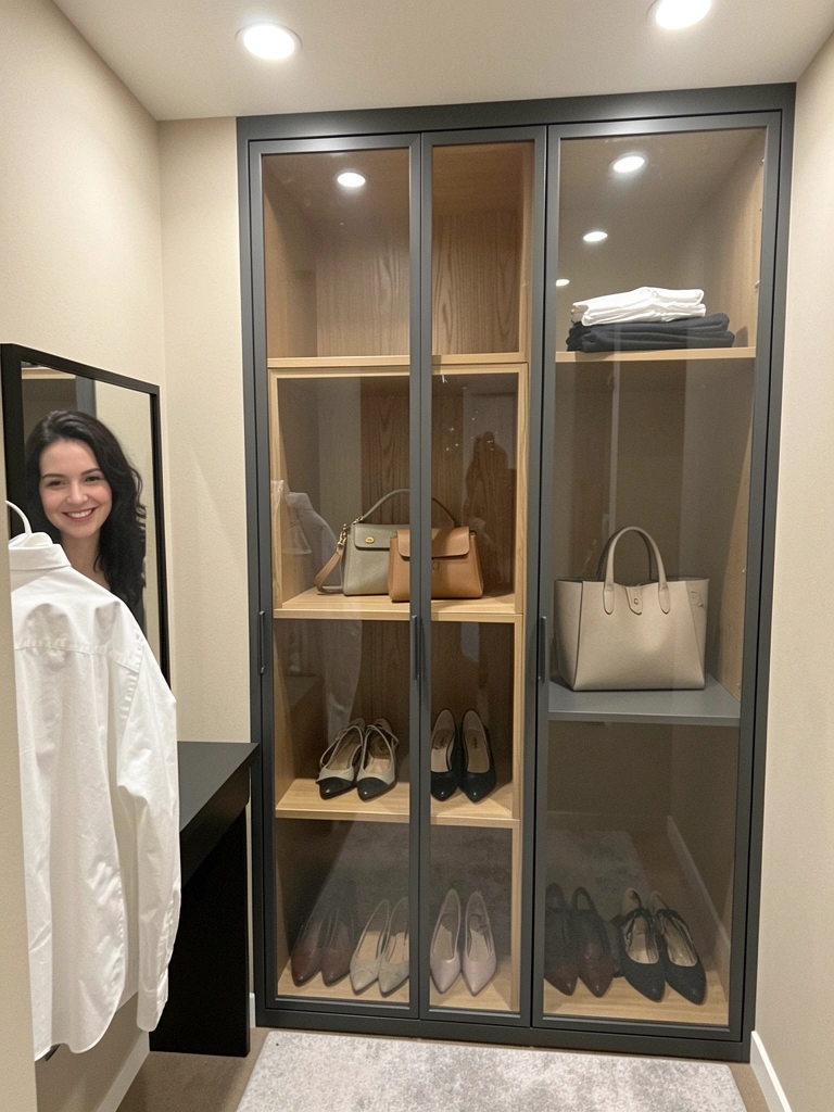 Prateleiras quadradas em closet compacto exibem sapatos e bolsas organizados