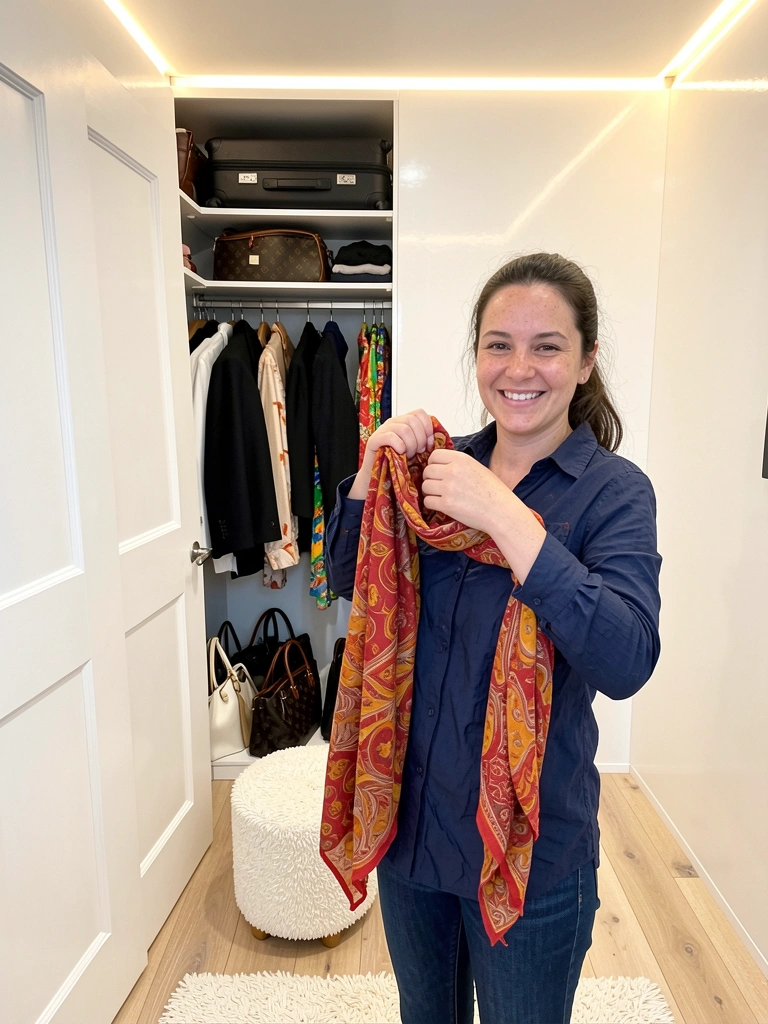 Closet claro com prateleiras organizadas e fita de LED quente no teto