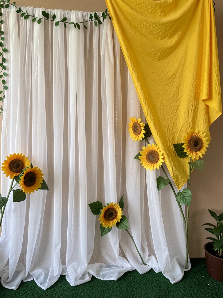 Cortina de tule branca esvoaçante em painel de festa.