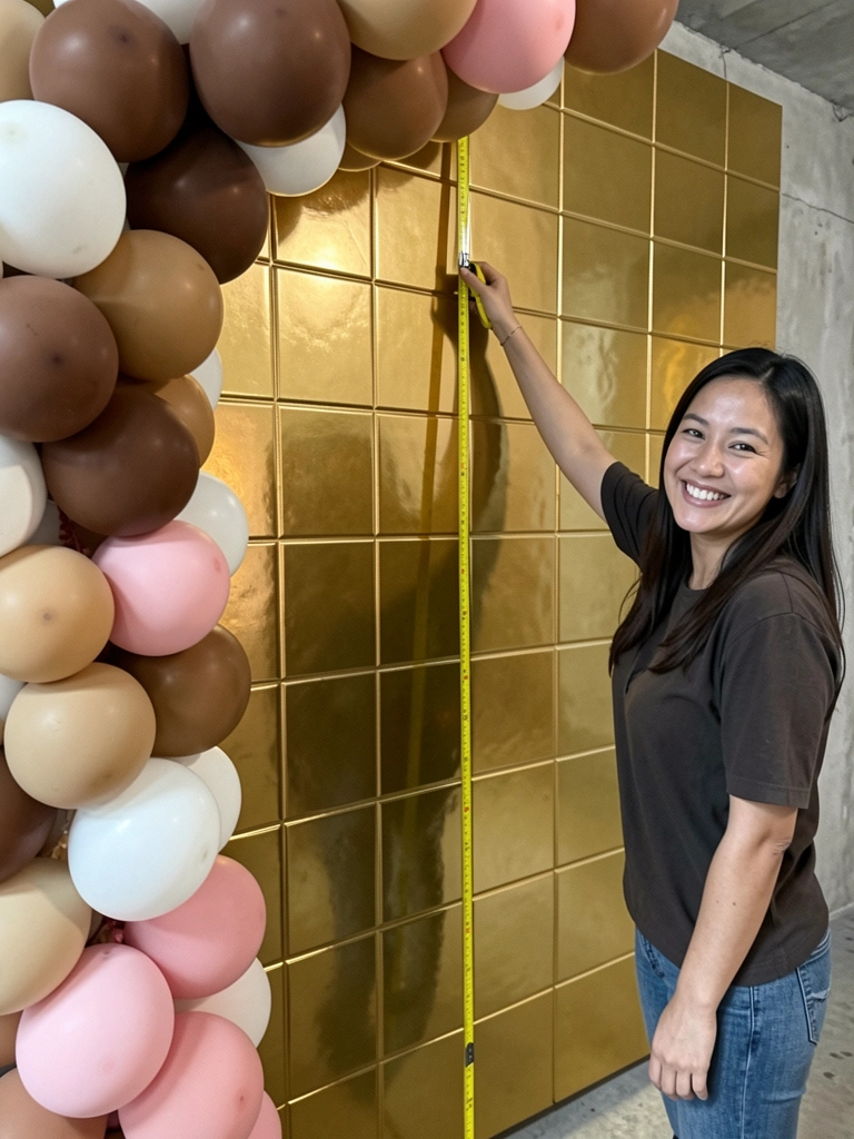 Pessoa com fita métrica medindo parede para instalar cortina decorativa.