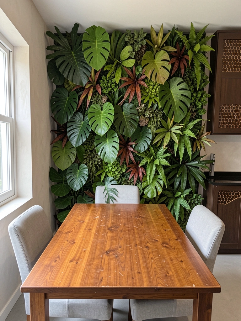 Parede clara com folhas tropicais grandes em uma sala aconchegante com plantas naturais