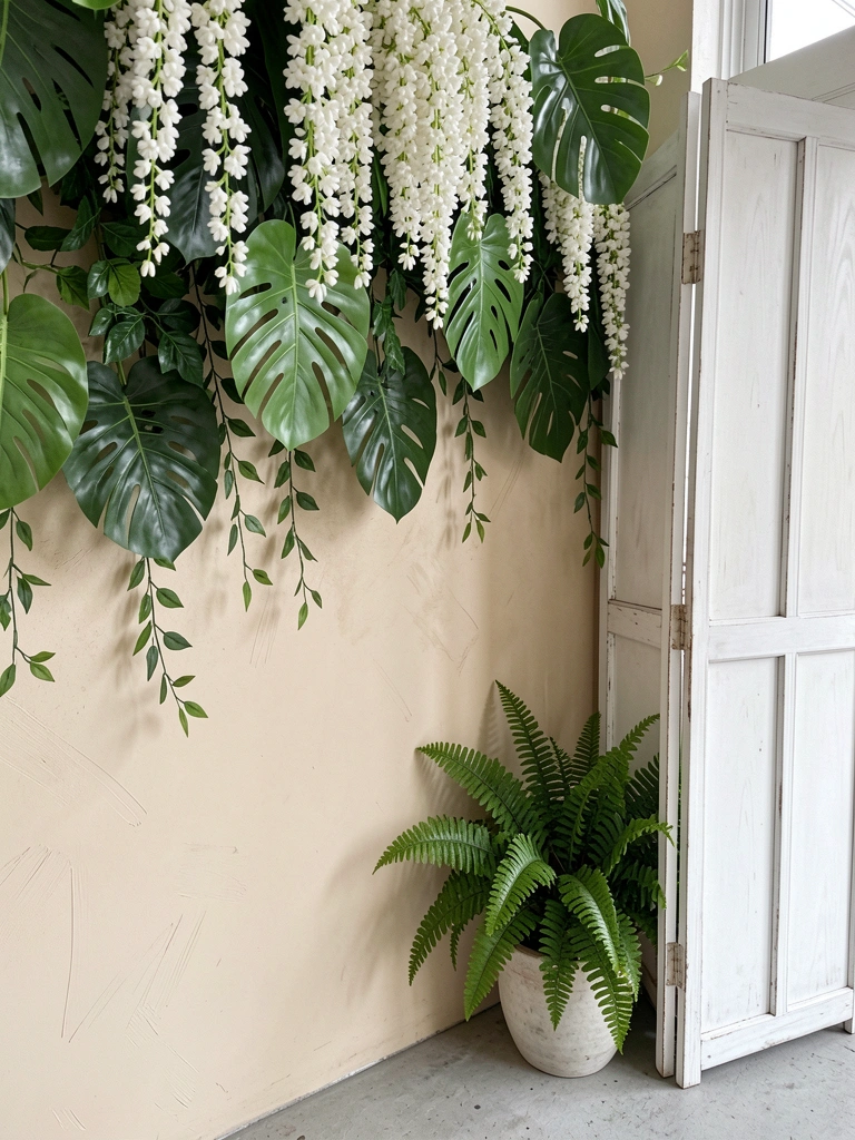 Papel de parede com estampa de costela-de-adão e samambaia em vaso, estilo selva urbana