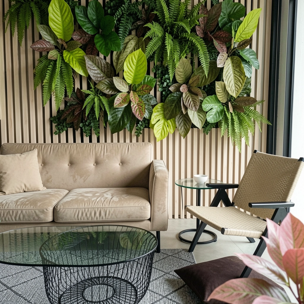 Painel ripado de madeira com folhagem artificial embutida, sala moderna com sofá neutro